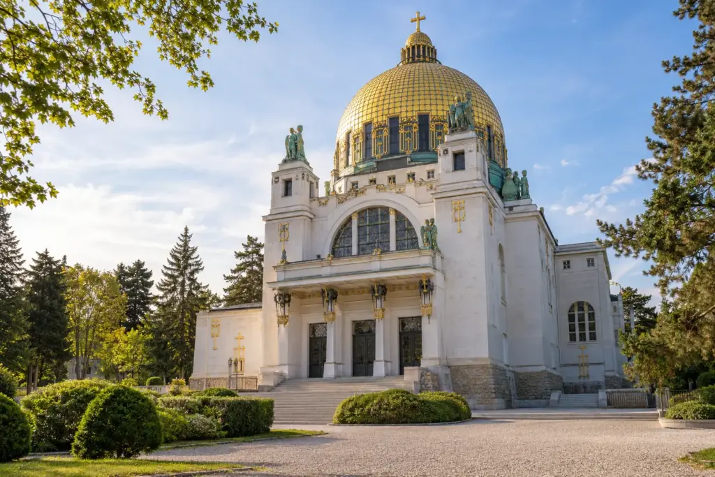 KI-generierte fotorealistische Ansicht: Kirche am Steinhof in Penzing